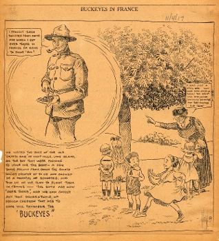 black and white cartoon with WWI serviceman,